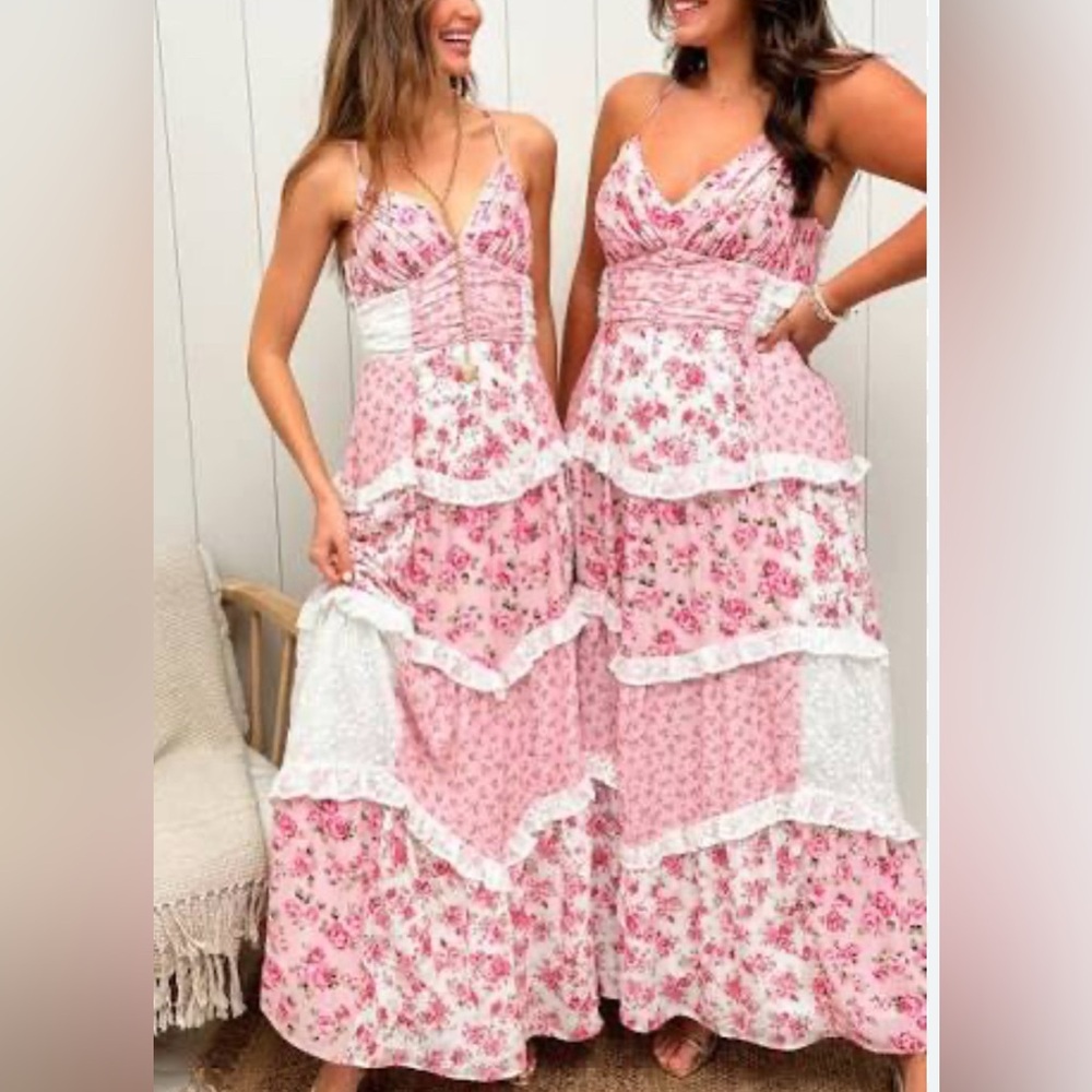 Altard state Pink Floral Tiered Maxi Dress with White Lace Trim